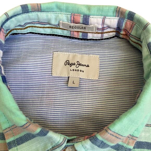 Pepe Jeans Mens Ruskin Twill Plaid Casual Button Down Shirt Slim Fit Mint Green - Picture 4 of 16